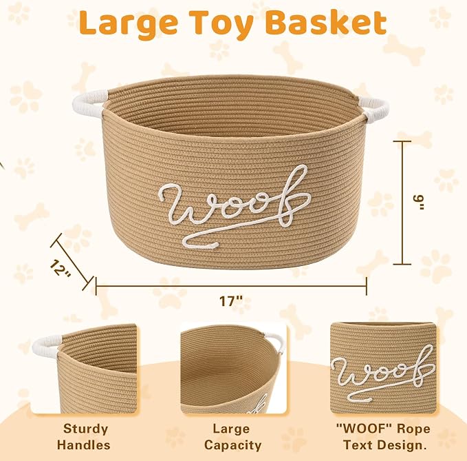 Woof Dog Toy Basket, Large Dog Toy Storage Bin with Durable Handles, Woven Dog Basket for Blankets, Toys, Chews, Pet Toy Storage Box for Nursery, Living Room, Bedroom, 17”x12”x9, Beige - Image 3