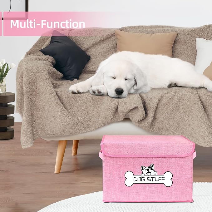 Dog Toy Basket with Lid, Collapsible Box for Pet Accessories | Storage Bin for Living Room, Fabric Container with Handle, Organizer for Small Medium dogs, Pink - Image 6