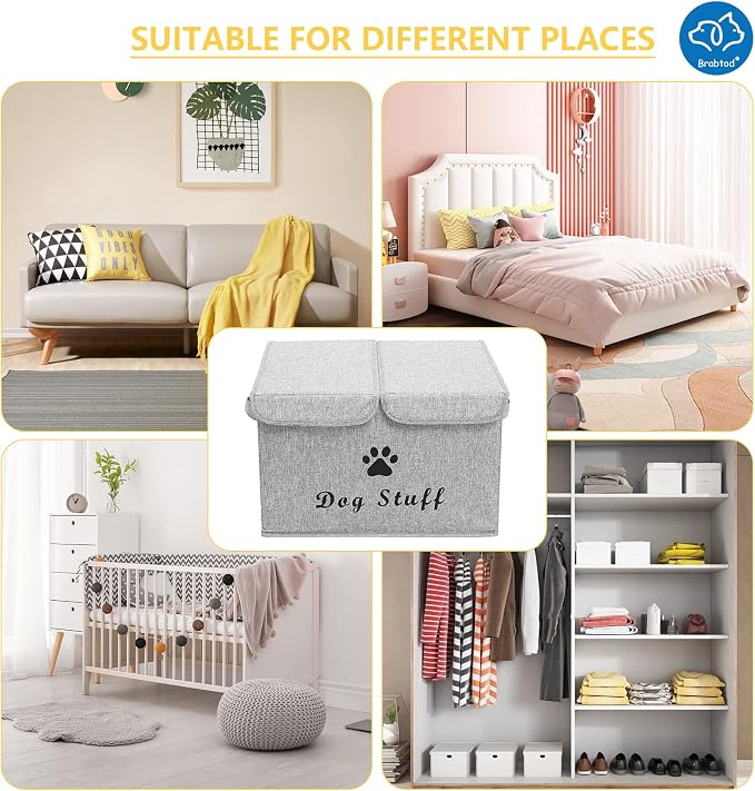 Large Dog Toys Storage Box Canvas Storage Basket Bin Organizer with Lid - Collapsible Linen Bin Ideal for Organizing Dog Cat Toys and pet stuff-PP Boad-17" x 12" x 10" - Snow Gray - Image 3
