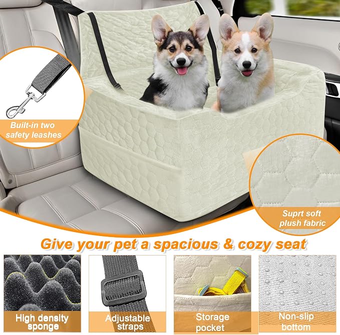 Dog Car Seat for Medium/Large Dog Booster Seat Under 60 lbs or 2 Small Dogs, Multi-Functional Pet Car Seat with Thick Cushion, 2 Safety Leashes (White) - Image 3