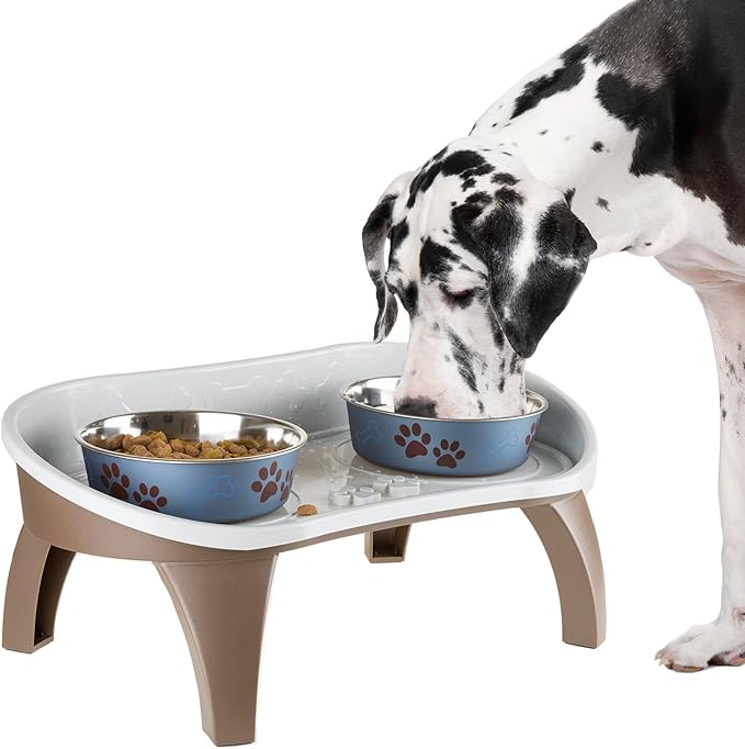 Elevated Pet Feeding Tray - 21″ x 11″ x 8.5″ Raised Dog Bowl Stand with Splash Guard and Non-Skid Feet - Comfortable Mealtime for Dogs and Cats by PETMAKER (Brown/Gray) by PETMAKER