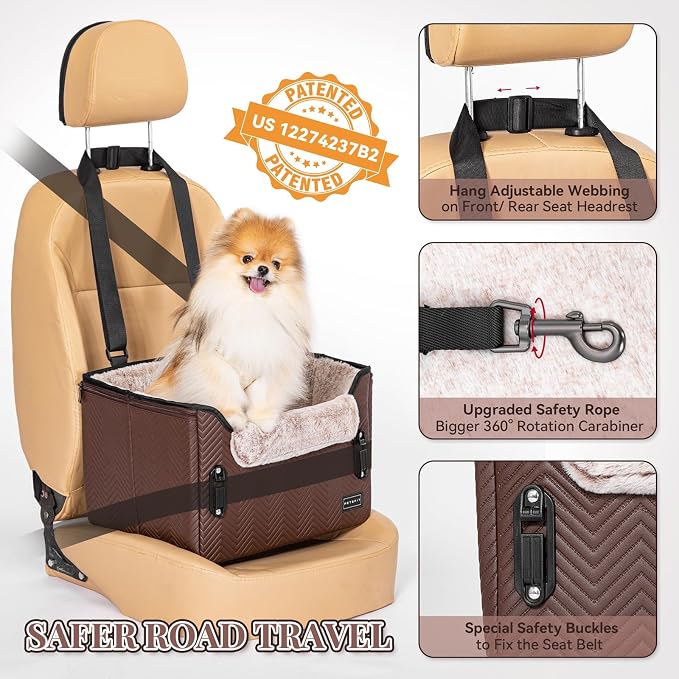 PETSFIT Car Seat for Dogs, Waterproof PU Leather Dog Car Seat for Small Dogs with Patent Safe Buckles, Clip-On Leash, Pet Travel Carrier Bed for Small Pets Up to 25lbs (Brown) - Image 3