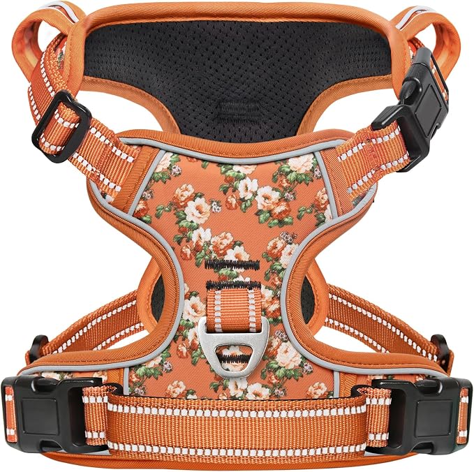 Timos Dog Harness, No Pull Large Sized with 3 Buckles, Flower Orange, XL | Reflective, No Choke, Easy On & Off, Adjustable Soft Padded, Front & Back 2 Clips and Control Handle for Walking Training by Timos