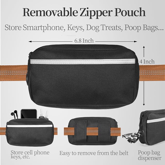Hands Free Dog Leash with Zipper Pouch, Large, 25-120 lbs, Brown | Waist Leash, Dual Padded Handles, Shock-Absorbing Bungee, Adjustable Waist Belt, Walking and Running - Image 2