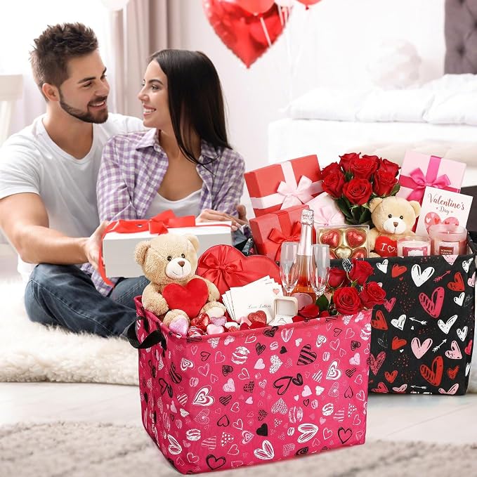 FoldTier 4 Pcs Valentine's Day Storage Baskets Empty Collapsible Valentines Basket with Handles Red Pink Black Heart Storage Boxes for Gifts Home Room Nursery Books Cloth Holiday Containers (Heart) - Image 5