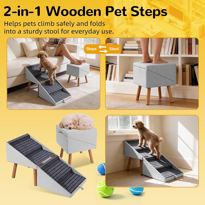 2-in-1 Dog Steps & Ottoman,17.13" H Dog ramp for Couch | Foldable Dog ramp for Small dogs, Non-Slip Wooden Pet ramp for Puppy Senior Injured Dogs (Light Grey) - Image 7