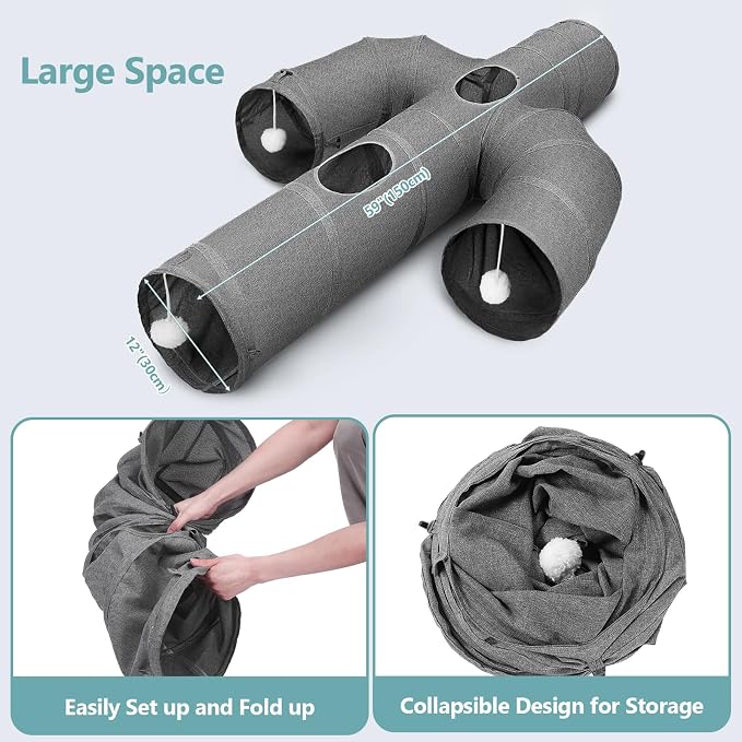 Ownpets Cactus Cat Tunnel 12" with Peek Holes for Indoor Large Cat, Grey | Durable Oxford fabric, noise-free, foldable & connectable, multi-cat friendly, tube for cats up to 20lb, includes ball & wand - Image 8