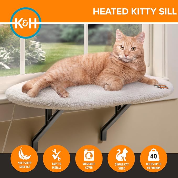 K&H Cat Window Perch, Heated Kitty Sill, Safety Listed, 24x14in, Fleece | Orthopedic Cat Window Hammock Bed Holds 40LBS, Washable Cover, Heated Kitty Windowsill Bed Seat for Indoors, Cream Fleece - Image 5