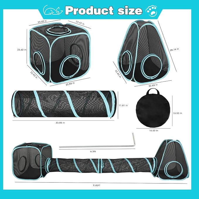 Outdoor Cat Enclosure, 9.45 ft Pop-Up Cat Tent with Tunnel Kit | 4-Piece Kit with 2 Tunnels, 33.86 x 11.81 in Tubes, Breathable Mesh, Pop-Up Setup, Storage Bag, DIY Layouts, Cats - Image 3