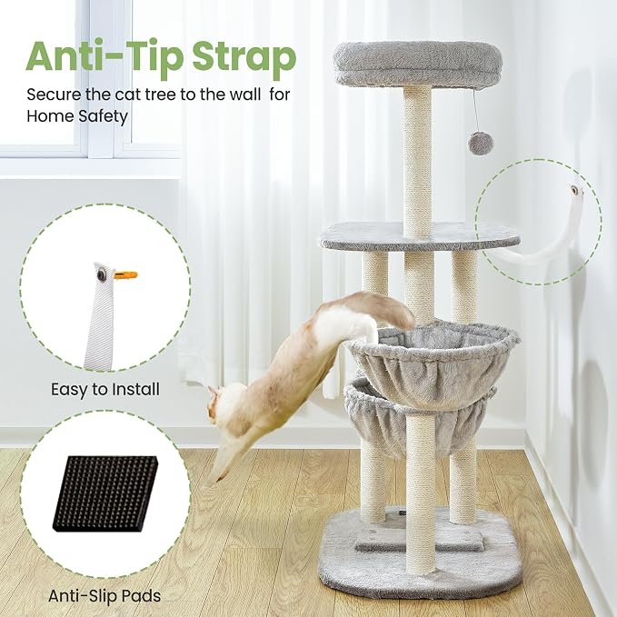 Small Cat Tree Tower with Lots of Scratching Posts - 42 Inch Medium Compact Cats Scratch House with Hammock Perch for Multi Level 2 Kitty - Indoor Corner Cat Bed Condo Climbing Gym Towers Furniture - Image 7