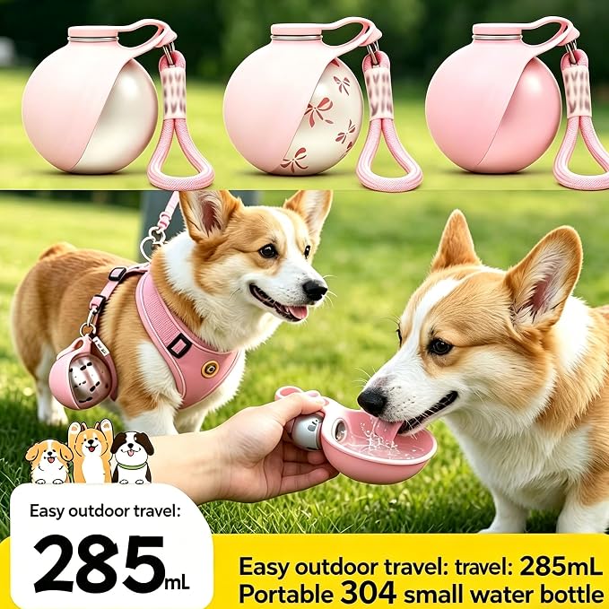 Portable Dog Water Bottle, 304 Stainless Steel Foldable Pet Water Cup, Leak-Proof Travel Water Dispenser with Foldable Silicone Bowl, 285ml Large Capacity for Dogs Cats Outdoor Walking Hiking - Image 2