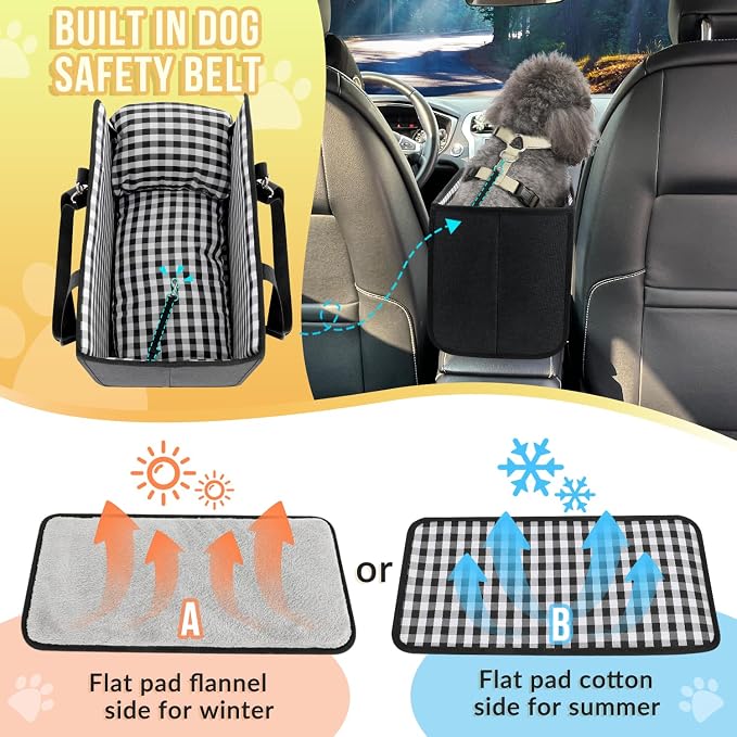 SlowTon Console Dog Car Seat, Dog Booster Seat for Small Dogs Under 11lbs | Portable, Safety Features for Anti-Collapse, Hard Bootm for Excellent Support, with Washable Cushion Built in Seat Belt - Image 6
