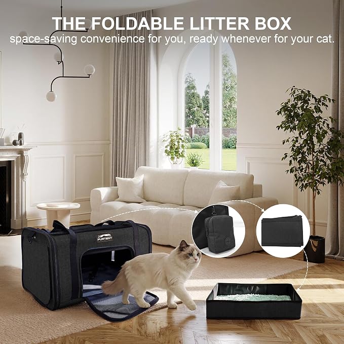 Soft-Sided Cat Carrier with Foldable Litter Box for Air Travel, Black | A compact soft-sided carrier with a foldable litter box and organized storage for flights, car trips and hotel stays. - Image 4