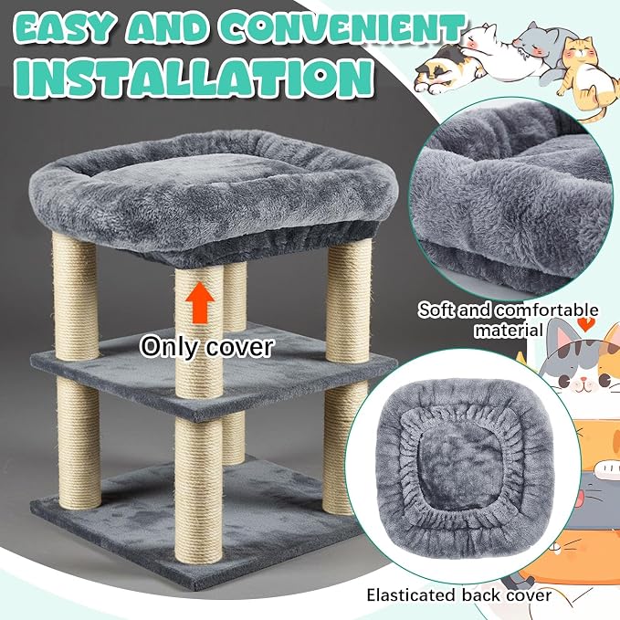 Abbylike 2 Pcs Cat Tree Replacement Bed Covers,15.7 x 15.7 Inch | Elastic Band for Cat Tree Replacement Parts, Grey Plush Perch Shelves Covers, Easy to Clean and Machine Washable - Image 3