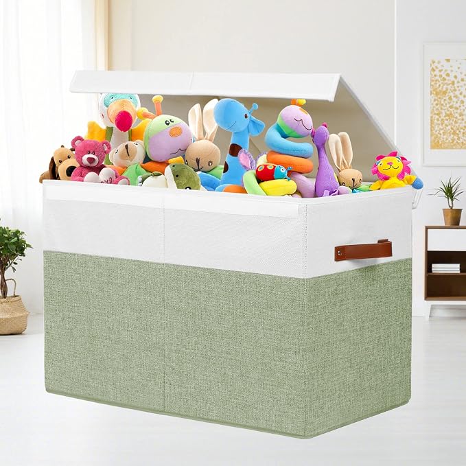 Large Toy Storage Box with Lid, Toy Chest Bin Boxes Basket with Dividers | Sturdy Toy Organizer Bin for Kids, Boys, Girls, Nursery, Living Room, Bedroom, Playroom 25"x13" x16" (Green and White) - Image 2