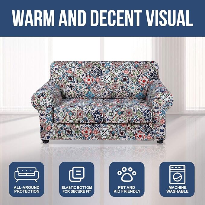 hyha Stretch Couch Cover, Sofa Covers for 2 Separate Cushion Couch Washable | Loveseat Cover, Floral Pattern, Printed, 3 Pieces, 2 Seater Furniture Protector with Elastic Bottom for Dogs, Pet Friendly - Image 8