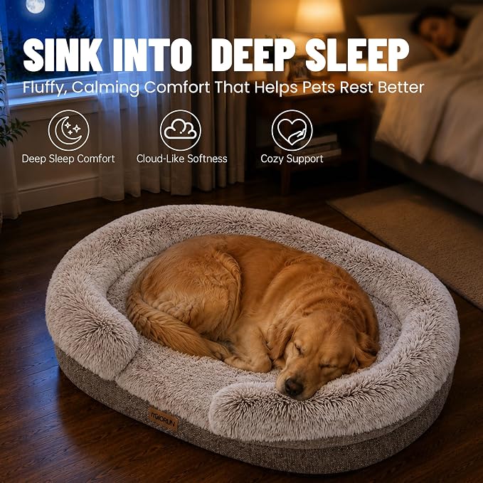 Miorun Fluffy Orthopedic Dog Beds Large Sized Dog, 36" Bolster Sofa Bed | Soft plush faux fur,lowered entry,washable cover,waterproof liner,claming dog couch for x-large dogs,supportive bolster - Image 5