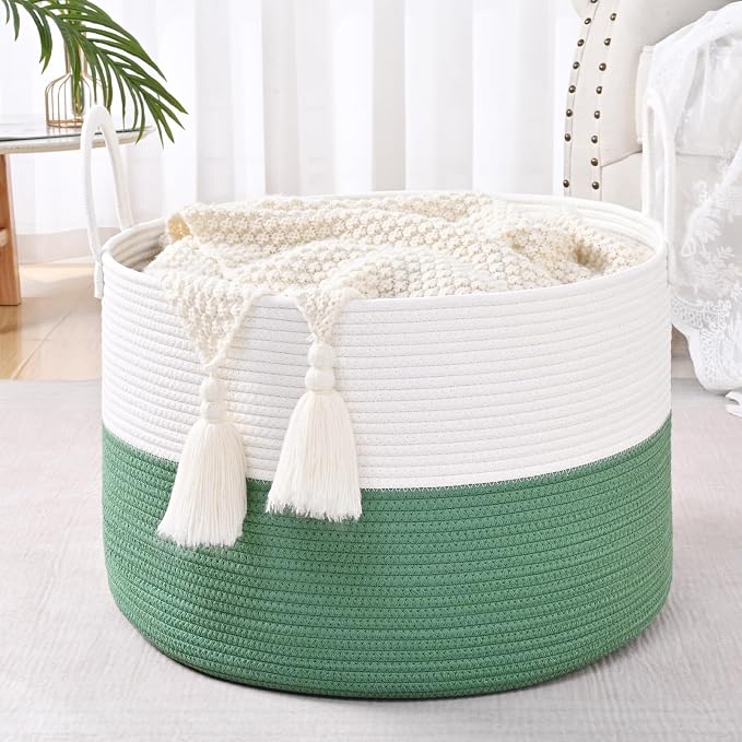 67L Large Woven Blanket Basket, Cotton Rope Baby Laundry Hamper with Handles, Kids Toy Basket for Classroom & Nursery, Soft Round Stuffed Animal Storage, Dog Toy Bin - 20"x13", Green - Image 4