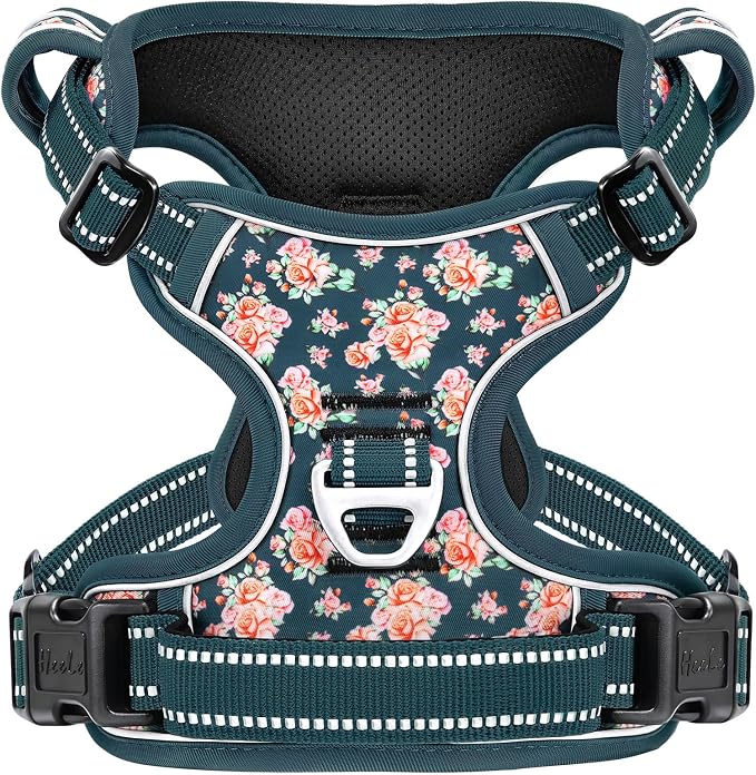 HEELE Dog Harness, Reflective, No Pull No Choke, Flower Blackish Green, M | Front Clip for Medium Dog Harness, 2 Metal Rings with Handle, Adjustable, Soft Breathable Padded Pet Vest for Night Walking by HEELE