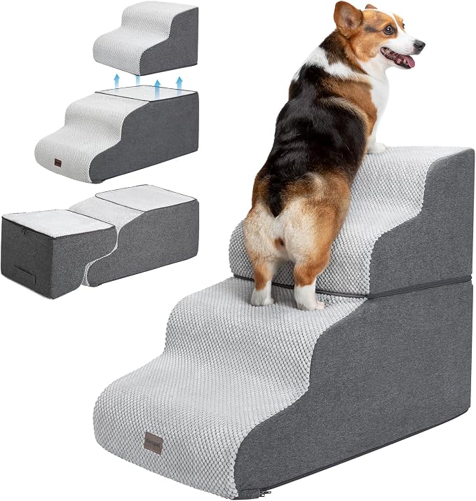 Garnpet Dog Stairs for High Beds, 4-Step Dog Steps for Small Dogs and Cats, Foldable Pet Stairs for High Bed Climbing, Non-Slip Balanced Pet Step Indoor, Light Grey by Garnpet