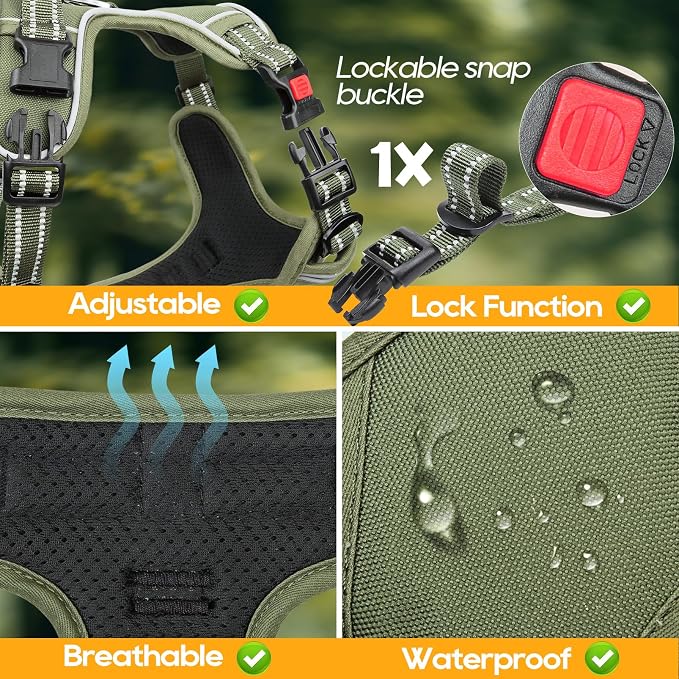Timos Dog Harness Small Sized, Neck Quick Release with 3 Buckles, Green, S | Easy On & Off, No Pull No Choke, Adjustable Reflective Soft Padded, Front & Back 2 Clips and Handle for Walking Training - Image 7
