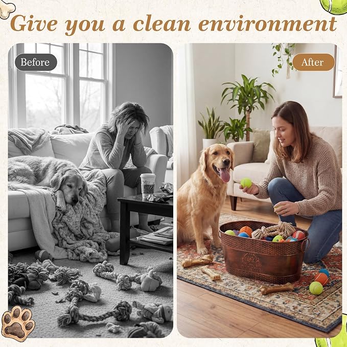 Zonon Metal Dog Toy Storage Bin with Handles 21 Quart Vintage Decorative Basket for Dog Ropes Food Living Room Decor, Galvanized Steel Pet Toy Organizer, 18x11.5x7.5 Inch(Chewing Stick) - Image 4