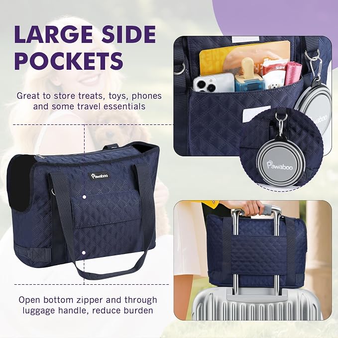 Pawaboo Dog Purse Carrier for Small Dogs with Pocket,Up to 11Lbs | Lightweight & Portable Dog Tote Bag Carrier Purses,Soft Sided Design,Front Pocket for Storage Travel Shopping Navy Blue - Image 4
