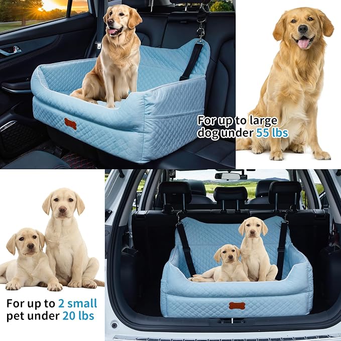 Dog Car Seat for Medium & Large Dogs Up to 55 lbs or 2 Small Dogs, Blue | Memory Foam Elevated Booster Seat with Safety Belts, 4-Inch Thick Cushion, Storage Pockets and Removable Washable Cover - Image 4