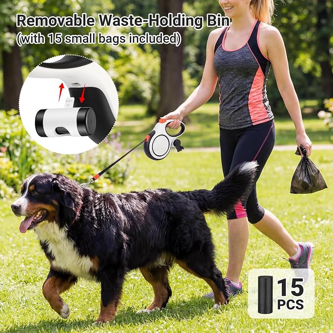 Segarty 26 Ft Walking Lead for Dogs 66 lbs - 110 lbs, 360°Tangle-Free 8m Retractable Long Leash with Detachable Poop Bag Holder for Pets Walk Outside, Anti-Slip Handle and One-Handed Brake Pause Lock - Image 6