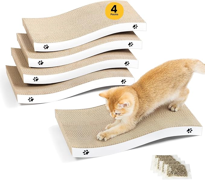 Cat Scratcher, Durable Scratch Pad, Corrugated Cardboard Scratching Board for Indoor Cats, Heavy Duty, Double-Sided Usability, Recyclable, with Catnip, Medium, 4 Pack by Conlun