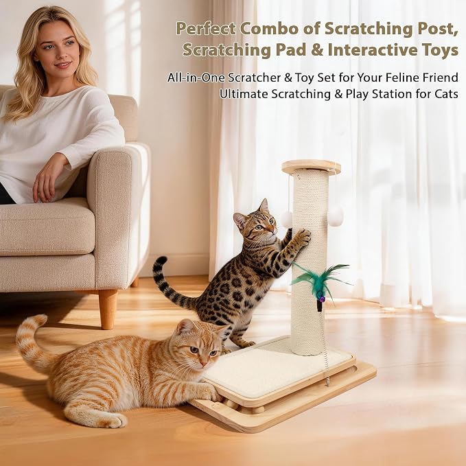 Cat Scratching Post with Sisal Mat and Wooden Base Indoor Scratcher | Stable cat scratch furniture with durable sisal post, scratch mat and hanging ball, protects furniture, easy assembly - Image 8