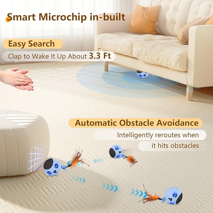 Cat Toys Ball, Smart Motion Sensor Moving Ball with 4 Sounds& 3 Speed Modes | Interactive Automatic Cat Toy for Indoor Cats,Fast Rolling Motion Activated Chirping Stimulating Light, 2 Feather Refill - Image 3