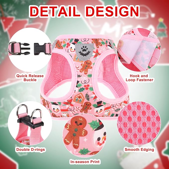 Christmas Puppy Harness - Dog Collar and Leash - Soft Mesh Padded Adjustable Step in Small Dog Vest Harness No Pull, Reflective Escape Proof for Outdoor Walking, Red S - Image 3