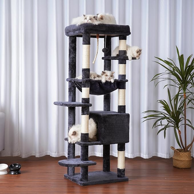 Heybly Cat Tree for Large Cats, 20lbs Heavy Duty, 60 inches HCT050G | Cat Tower for Indoor Cats with Big Padded Plush Perch, Multi-Level Furniture Condo with Cozy Basket, Smoky Gray - Image 5