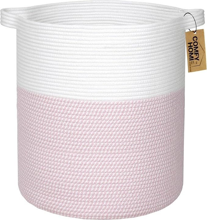 COMFY-HOMI XXL Large Laundry Basket with Handles Blanket Baskets Living Room|Woven Cotton Rope Decorative Basket Laundry Hamper Baby Basket Nursery Dog Toy Storage Organizer Bin-16”x18”-White/Pink by COMFY-HOMI