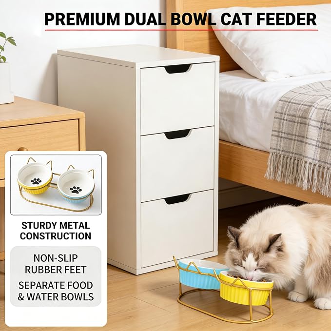 Ceramic Raised Tilted Cat Food Bowls Set - 15° Elevated Cat Food and Water Bowls for Indoor Cats/Kittens, Anti-Vomiting Pet Feeding Bowls (Non-Slip, BPA-Free) - Image 5