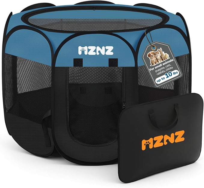 Dog Cat Small Animal Puppy Playpen Crate, Small, Blue Black | Portable Pop Up Pet Cage Enclosure Tent Kennel Indoor Outdoor with Carrying Case, No Assembly, Camping Use by MZNZ