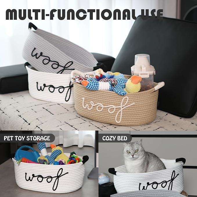 Sea Team Dog Toy Storage Basket with Handles, White Woof | Large Cotton Rope Storage Bin, Shelf Basket, Organizer for Pet Chew Toys, Foods, 16.5 x 11 x 7 Inches, 4.4 Gallons - Image 6
