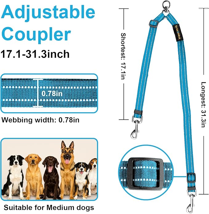 MingXpet Double Dog Leash for Two Dogs, No Pull Dog Leash, 360° Swivel No Tangle for Medium Dogs Walking & Training, Shock Absorbing Reflective Bungee, Blue - Image 2