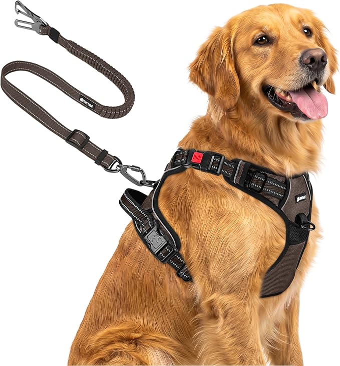 Joytale No Pull Dog Harness & Seat Belt, Easy On 3-Buckle, XL, Brown | Front Clip Reduces Pulling, Escape-Resistant Design, Adjustable Fit, Soft Padding for Comfort, Secure Tether for Safer Travel by Joytale