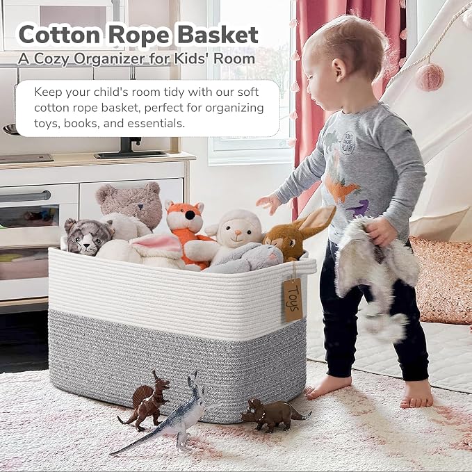 Goodpick 75L Extra Large Woven Rope Blanket Basket, Rectangle, Light Gray | 22" × 17" × 12" Decorative Storage Basket for Pillows & Clothes, Fits Bedroom & Nursery Organization, Reinforced Handles - Image 2