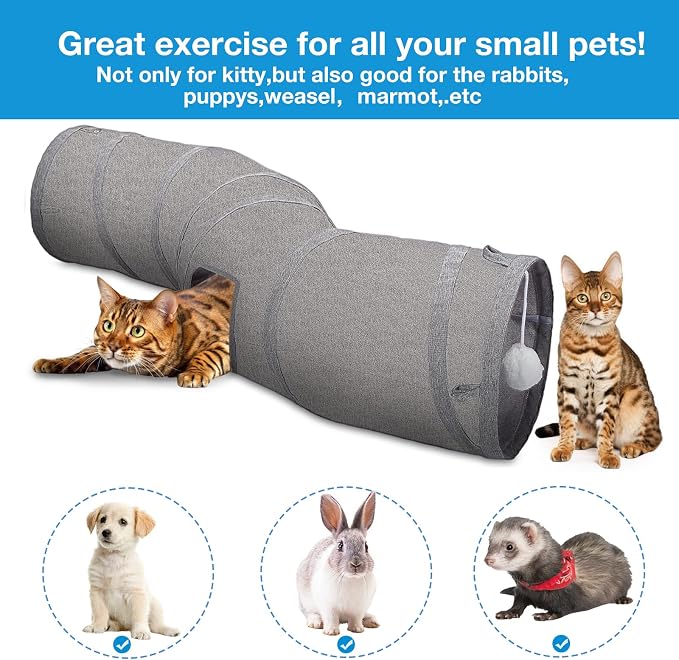 Ownpets S-Shape Cat Tunnel Toy 48"L x 10"D, for Cats, Puppies & Small Pets | Collapsible for storage, tear-resistant oxford fabric, connects to other tunnel, with peek hole, feather wand, indoor/outdoor - Image 8