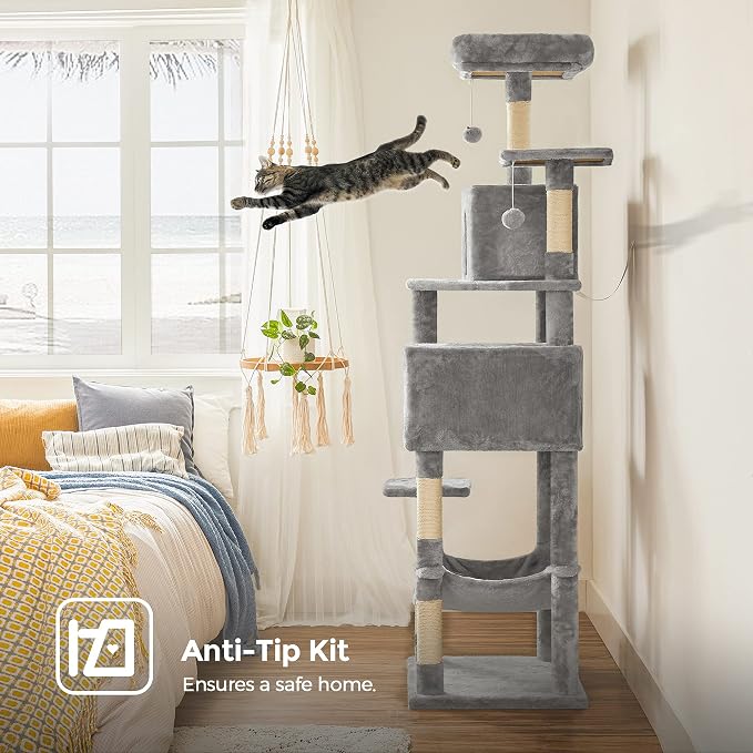 Feandrea Cat Tree, 73.2-Inch Cat Tower, Multi-Level Condo, Light Gray | with 5 Scratching Posts, 2 Perches, 2 Caves, Hammock, 2 Pompoms for Indoor Cats, Easy to Assemble, UPCT191W01 - Image 7
