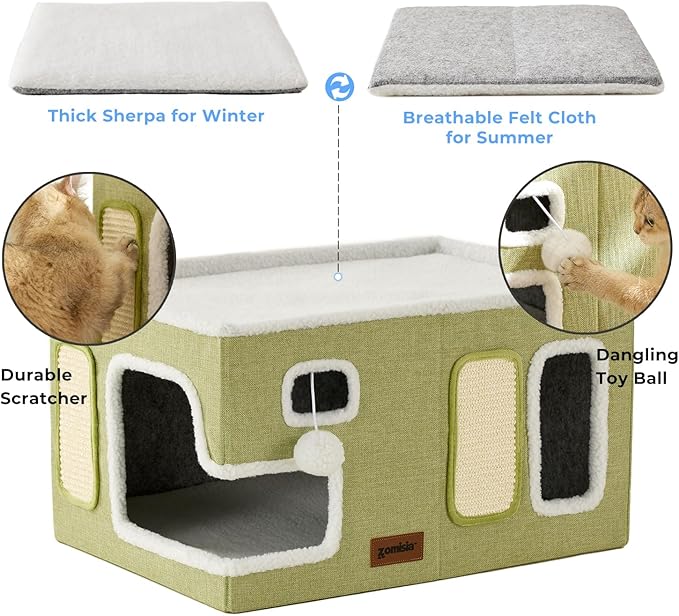 ZOMISIA Extra-Wide Cat House for Indoor Cats - Large Cat House for Pet with Fluffy Ball Hanging and Scratch Pad, Foldable Cat Hideaway for Multi Cats, 23x16.5x13 inches, Grey - Image 3