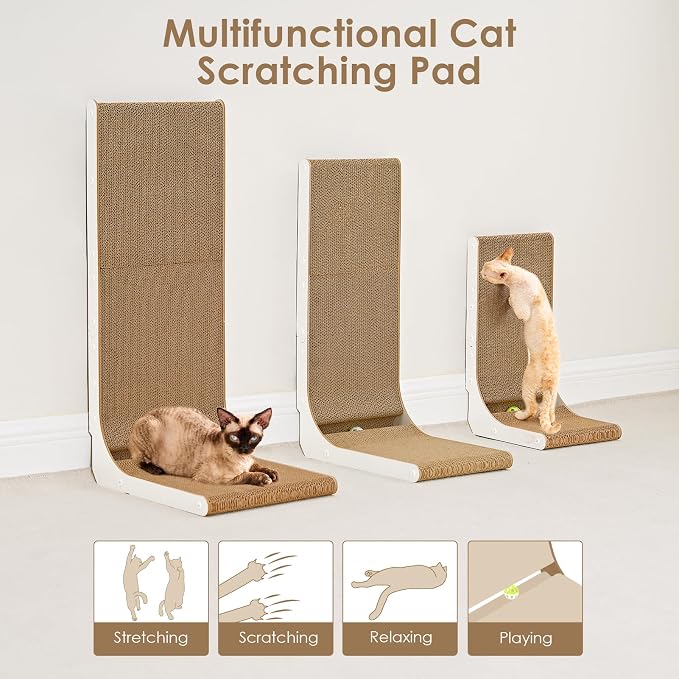 EHEYCIGA Cardboard Cat Scratcher for Indoor Cats, 32 Inch, White | L Shaped Scratching Post, Vertical Cat Scratching Board with Ball Cat Toy, Furniture Protector, Extra Large Cat Scratch Pad - Image 7