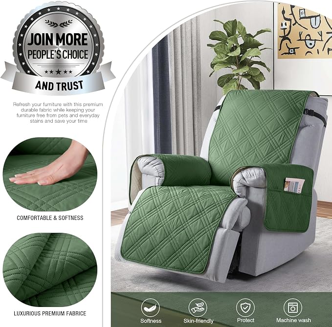 TAOCOCO Waterproof Recliner Chair Cover, Non Slip Oversized Recliner Covers for Recliner Chair with Pocket, Reclining Chair Cover Furniture Protector for Kids, Pets(Oversized Recliner, Vine Green) - Image 2