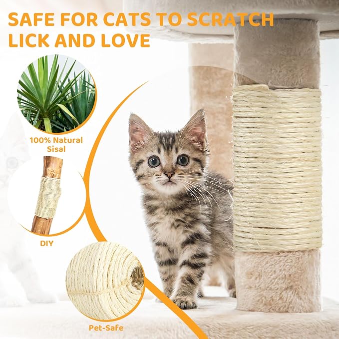White Sisal Rope for Cat Tree and Scratching Post 5mm 1/5 Inch, 150 Feet | Natural Sisal Fiber, Tight Twist Climbing Twine, Cat Tree Tower Repair, Scratching Post Replacement, Natural Scratching - Image 2