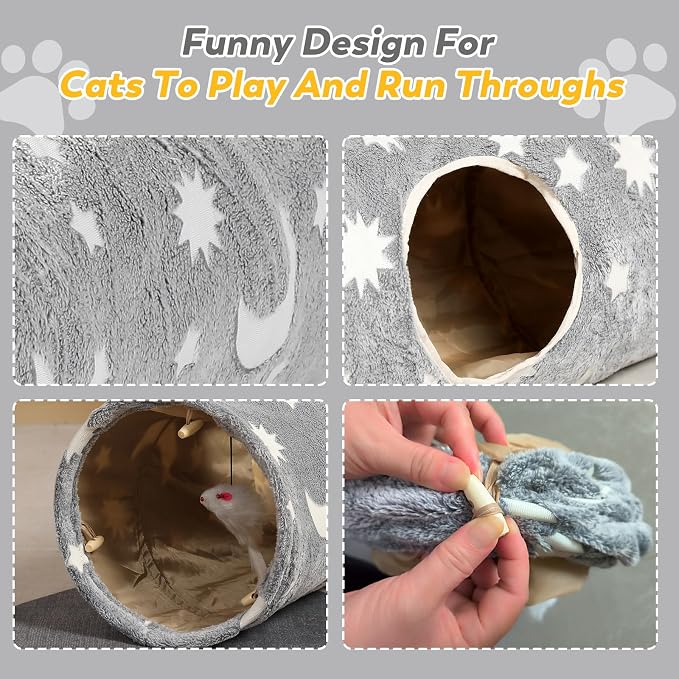 Cat Tunnels for Indoor Cats with Plush Toys Glows in The Dark Dog Cat Tunnel Tube Toys Photoluminescent for Indoor Cats Small Dogs Puppy Kitten Rabbit Bunny Ferret Pet Gray - Image 6