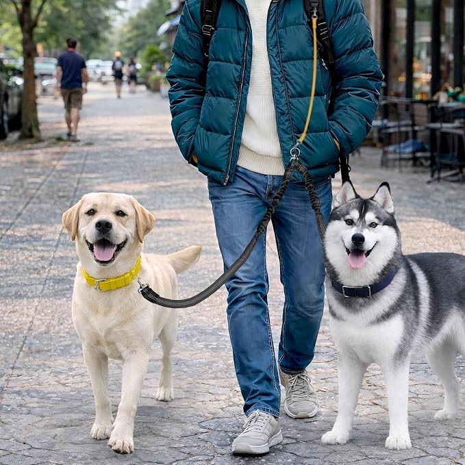 Double Dog Leash for Two Dogs, Professional No Tangle 360° Swivel Coupler with Shock Absorbing Bungee, Adjustable Length Dual-Sided Reflective Two Dogs Lead Splitter for Small Medium Large Dog - Image 6