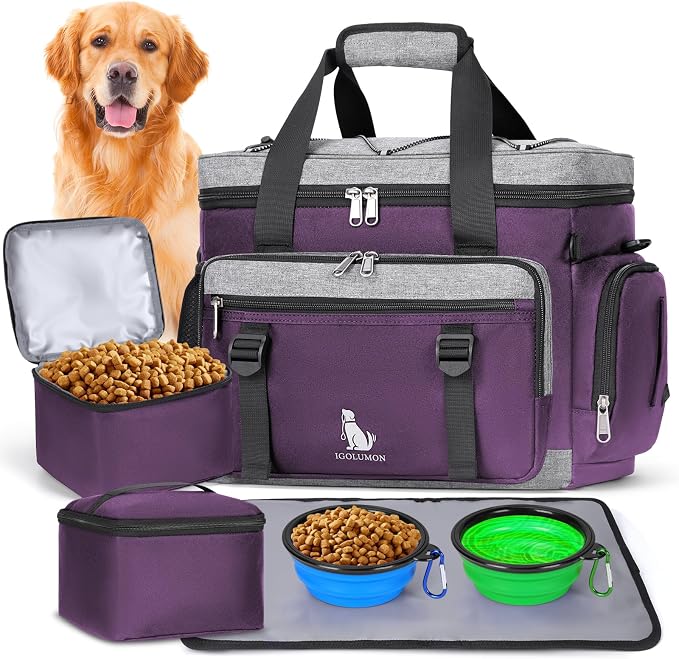 IGOLUMON Dog Travel Bag Large Waterproof Pet Travel Bags Set for Supplies | Weekend Travel Kit Tote Organizer Multi-Pocket Food Travel Bag with 2 Extra Large Food Containers, 2 Dog Bowls, 1 Feeding Mat by IGOLUMON
